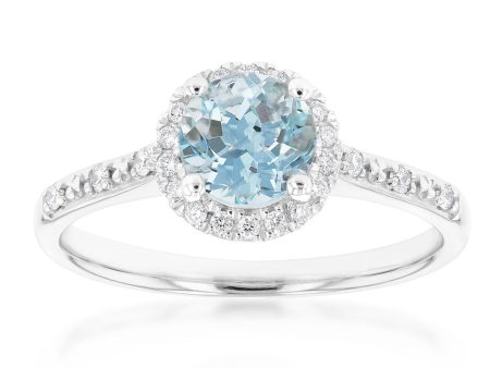 9ct White Gold 0.75ct Aquamarine and 1 10 Carat Diamond Halo Ring For Sale