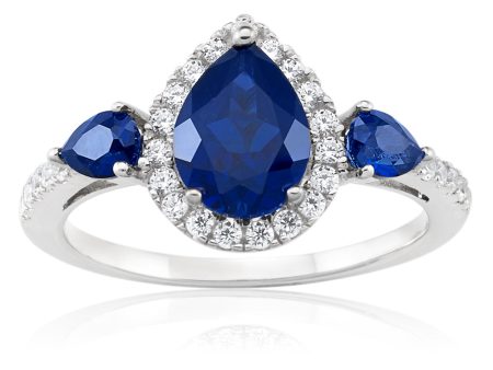 Sterling Silver Rhodium Plated Created Sapphire Pear Shape and Zirconia Ring For Discount