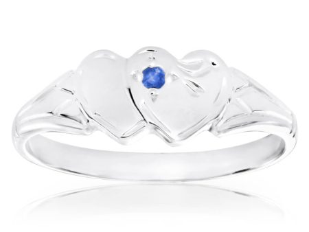 Sterling Silver Natural Sapphire 2Heart Signet Ring Size L Hot on Sale