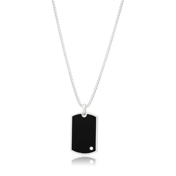 Sterling Silver Rhodium Plated Black and Zirconia Dog Tag Pendant For Sale