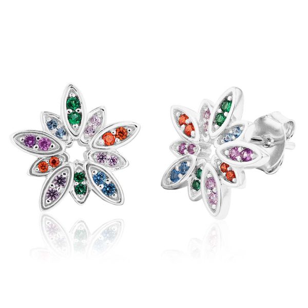 Sterling Silver Rainbow Multicolour Cubic Zirconia Flower Stud Earrings Fashion