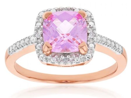 9ct Rose Gold Created Peach Sapphire and Diamond Accented Cushion Cut Ring on Sale