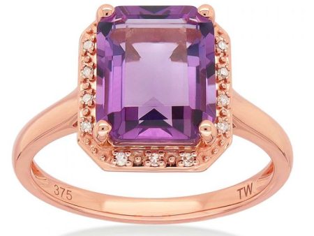 9ct Rose Gold Amethyst and Diamond Emerald Cut Ring Online Hot Sale