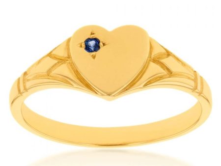 9ct Yellow Gold Sapphire Heart Signet Ring Size L Sale