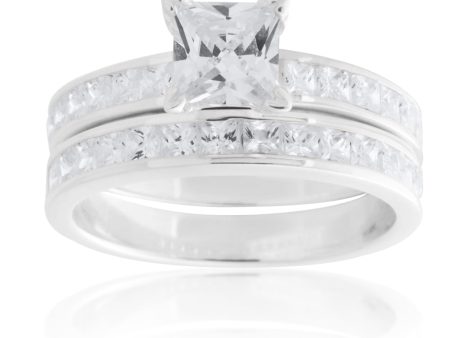 Sterling Silver Zirconia Princess Cut + Round 2 Ring Set Online