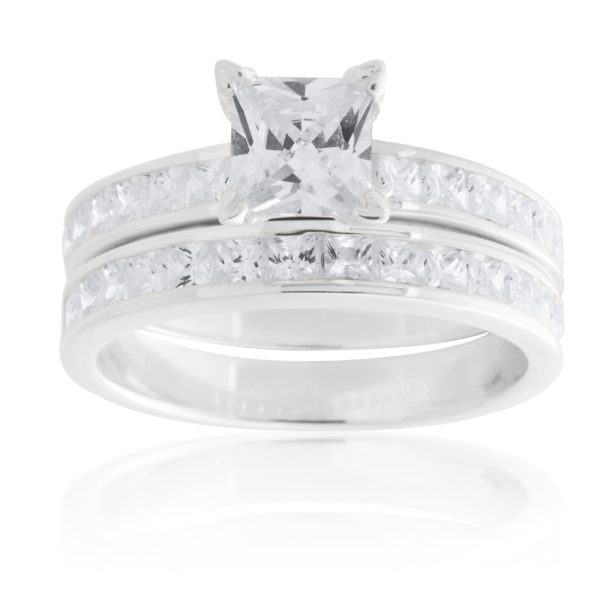 Sterling Silver Zirconia Princess Cut + Round 2 Ring Set Online