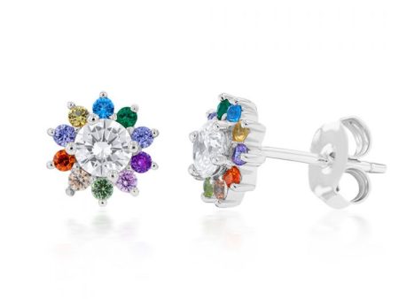 Sterling Silver Rainbow Multicoloured Crystal Flower Stud Earrings Fashion