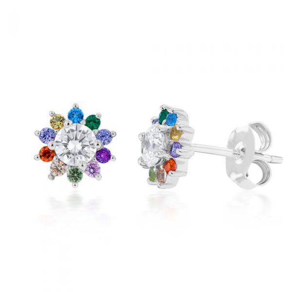 Sterling Silver Rainbow Multicoloured Crystal Flower Stud Earrings Fashion