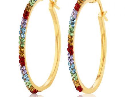 9ct Silverfilled Yellow Gold Rainbow Multi-Colour Crystals 25mm Hoop Earrings Online Sale