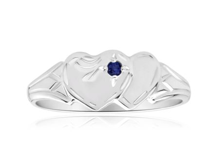 Sterling Silver Natural Sapphire 2Heart Signet Ring Size H For Sale