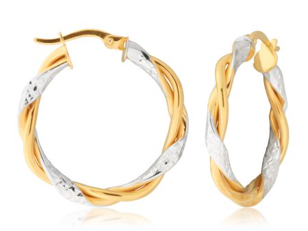 9ct Two-Tone Gold-Filled Diamond Cut Twist Hoop Earrings For Sale