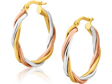 9ct Yellow Gold, White Gold & Rose Gold Twist 20mm Hoop Earrings Cheap