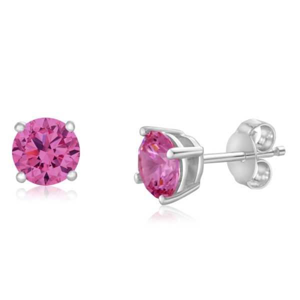 Sterling Silver Zirconia Round 6.55mm Pink Stud Earrings Online now