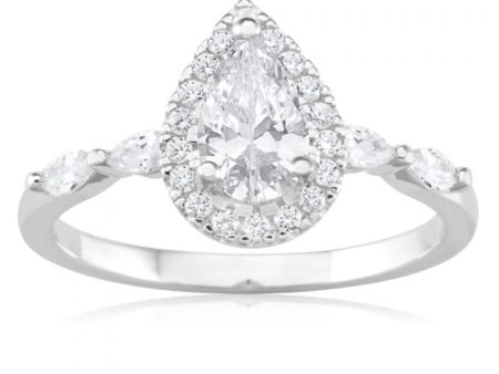 Sterling Silver Rhodium Plated Cubic Zirconia Pear Halo Ring with Marquise Band Online Sale