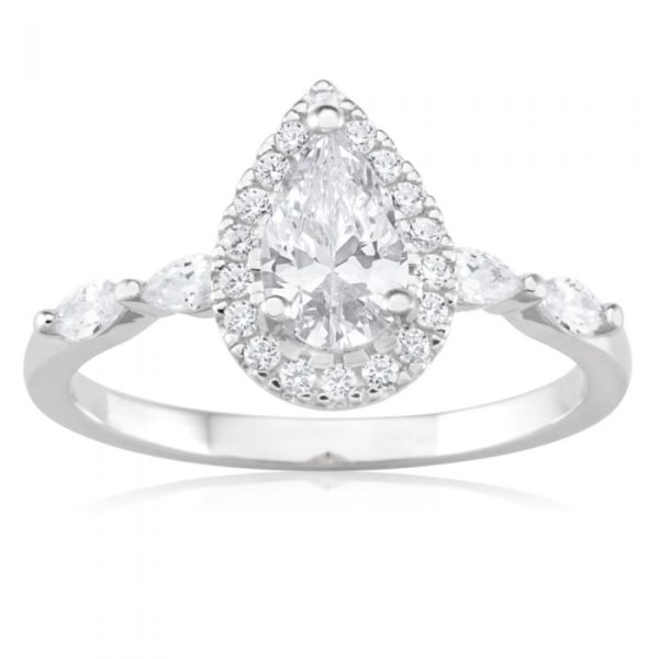 Sterling Silver Rhodium Plated Cubic Zirconia Pear Halo Ring with Marquise Band Online Sale