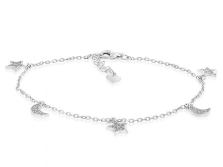 Sterling Silver Rhodium Plated Cubic Zirconia Moon And Star Charm 21.5cm Bracelets Cheap