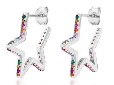 Sterling Silver Rainbow Multicolour Cubic Zirconia Open Star Stud Earrings Online now