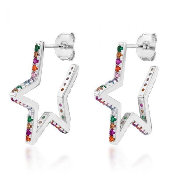 Sterling Silver Rainbow Multicolour Cubic Zirconia Open Star Stud Earrings Online now