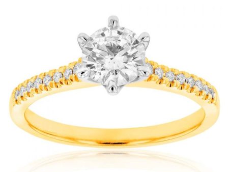 18ct Yellow Gold 3 4 Carat Diamond Solitaire Ring with 0.70 Carat Centre Diamond and 16 Shoulder Diamonds For Discount