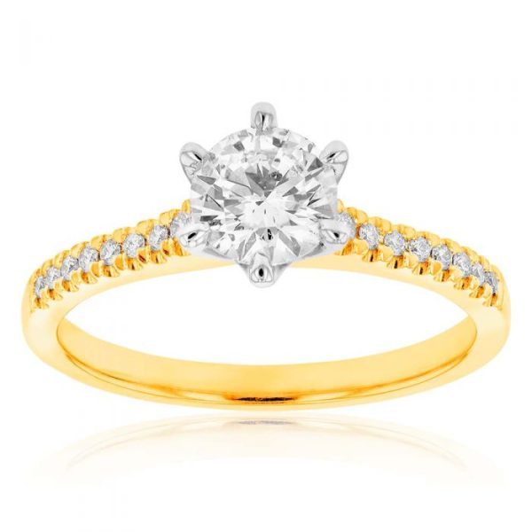 18ct Yellow Gold 3 4 Carat Diamond Solitaire Ring with 0.70 Carat Centre Diamond and 16 Shoulder Diamonds For Discount