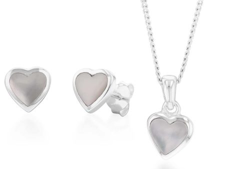 Sterling Silver Mother of Pearl Pendant and Earring Heart Set on 45cm Chain Online Sale