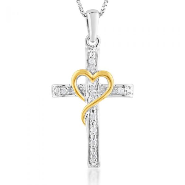 5 Point Diamond Cross Pendant in Sterling Silver with Yellow Heart Accent on 45cm Silver Chain For Discount