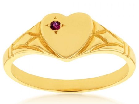 9ct Yellow Gold Ruby Heart Signet Ring Size L Online