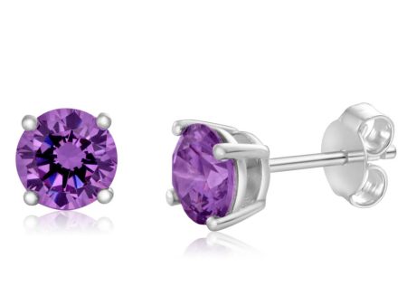 Sterling Silver Zirconia Round 6.55mm Purple Stud Earrings Online Hot Sale