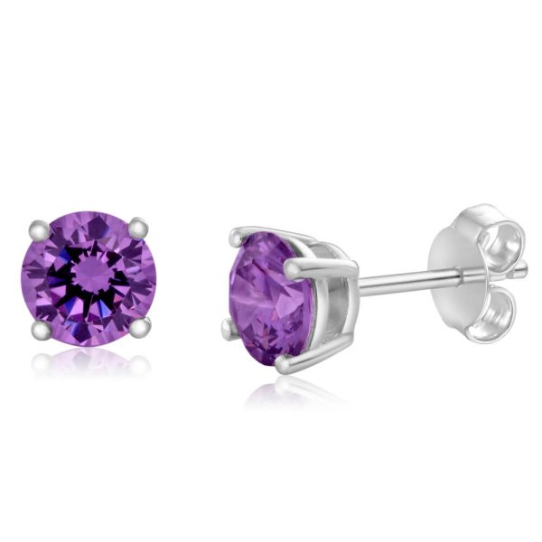 Sterling Silver Zirconia Round 6.55mm Purple Stud Earrings Online Hot Sale