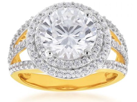 9ct Yellow Gold Round Double Halo Zirconia Split Band Ring Online Hot Sale