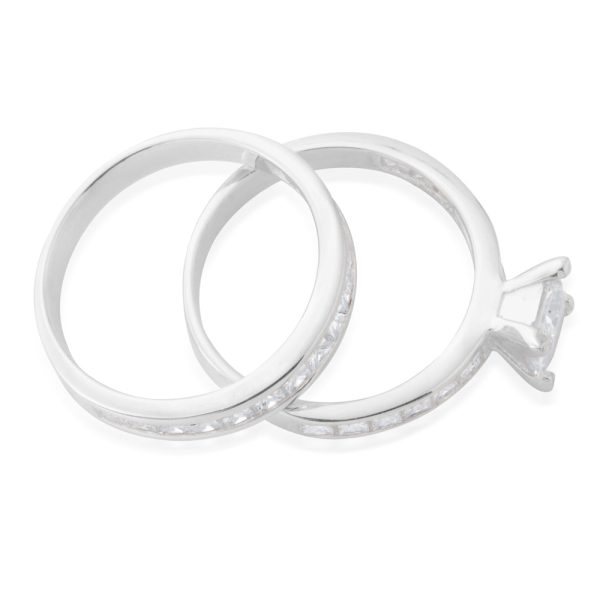 Sterling Silver Zirconia Princess Cut + Round 2 Ring Set Online