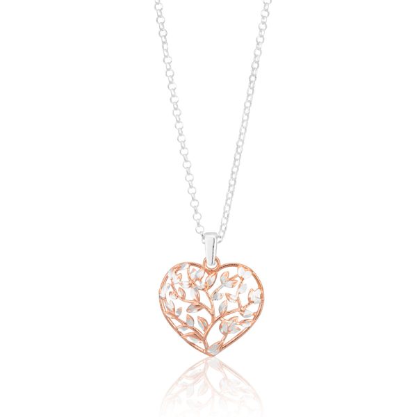 Sterling Silver Rose Plated 2 Tone Dicut Heart Pendant on 42cm Chain Online Hot Sale