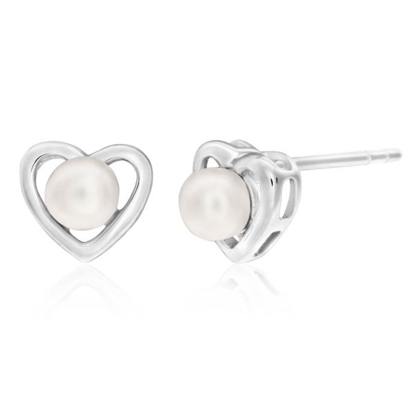 Sterling Silver White Freshwater Pearl Heart Stud Earrings For Discount