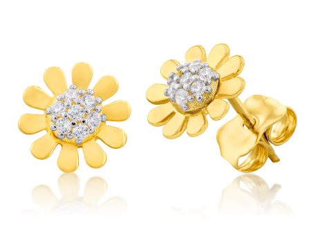 9ct Yellow And White Gold Two Tone Cubic Zirconia On Sunflower Stud Earrings Online now