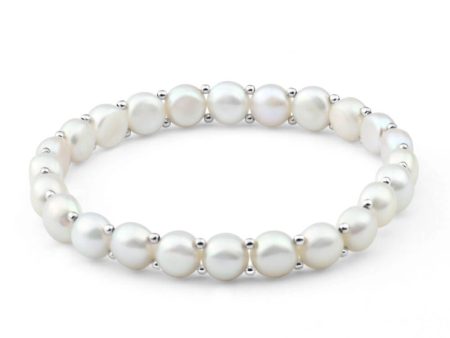 White Freshwater Flat Pearl Stretch Bracelet with Sterling Silver Beads on Sale