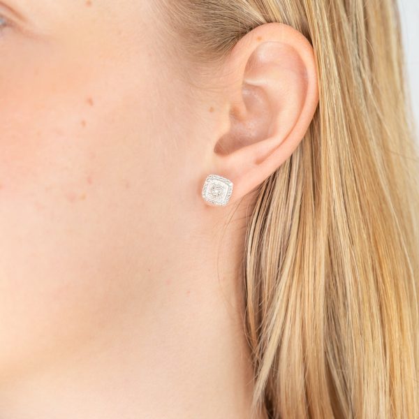 Sterling Silver With 2 Diamond Cushion Shape Earring Stud For Cheap