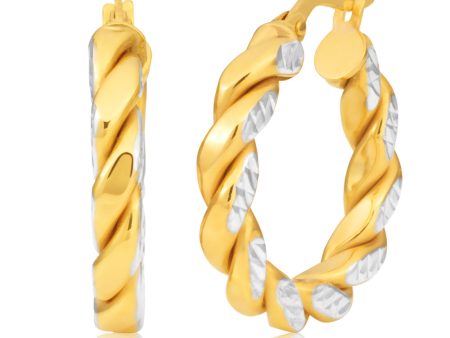 9ct Two-Tone 15mm Fancy Twist Diamond Cut Pattern Hoop Earrings Online