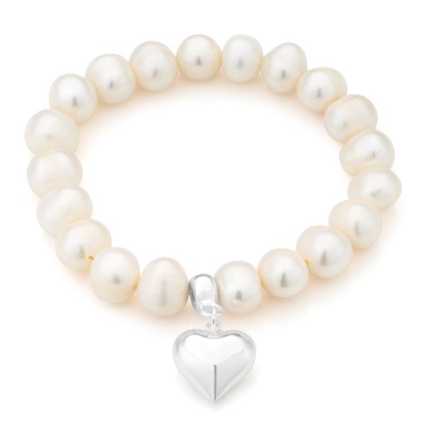 White 10mm Freshwater Pearl and Heart Charm Bracelet Online Hot Sale