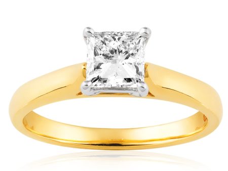 18ct Yellow Gold & White Gold Solitaire Ring With 1 Carat Princess Diamond Cheap